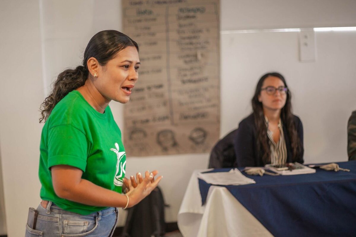 A young woman passionately speaking during an indoor meeting or workshop.